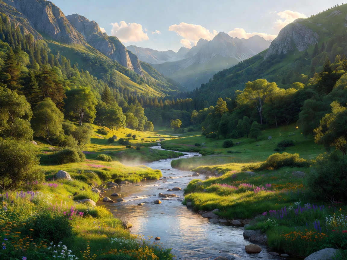 A scenic river flowing through a lush mountain valley