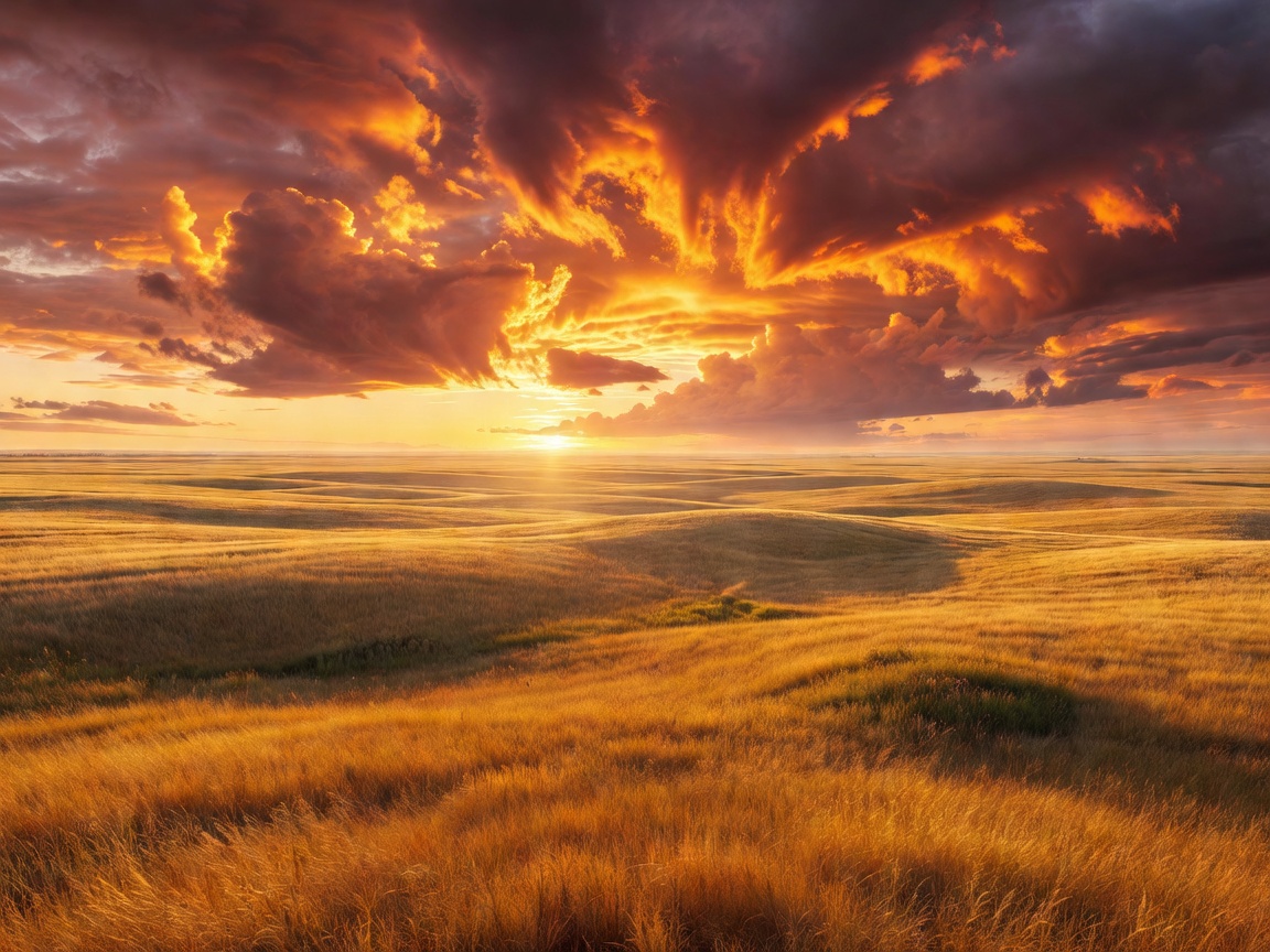 Endless golden plains stretching beneath a dramatic sunset sky