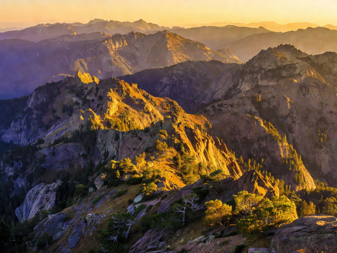 Rugged mountain ranges bathed in golden hour sunlight