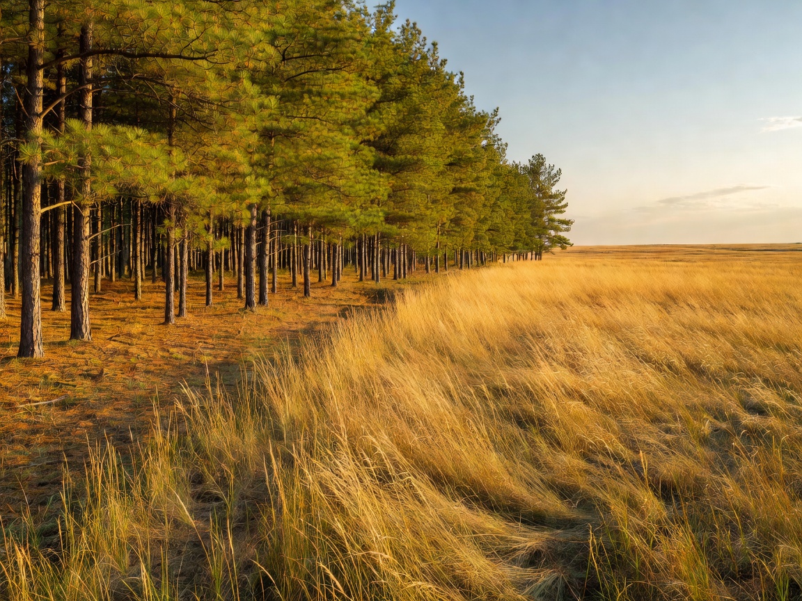 Thick forest pine edge meeting the golden prairie